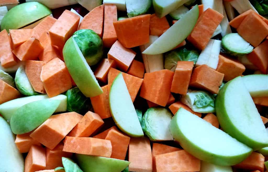 Raw autumn vegetables ready for roasting.