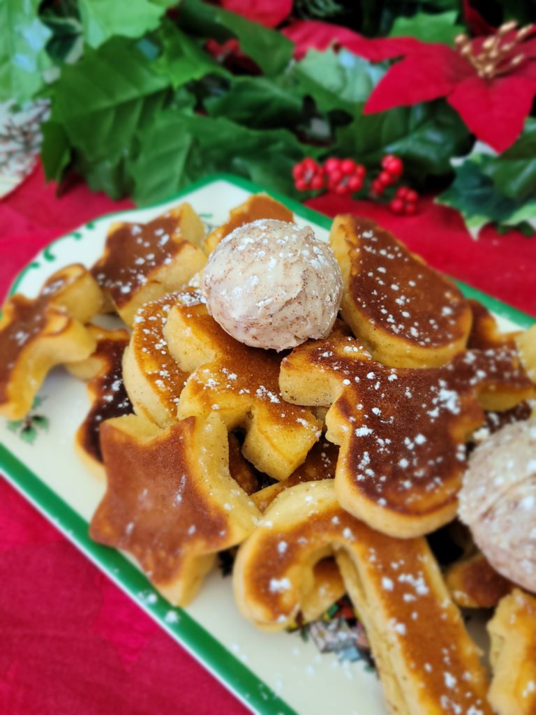 A platter of festive eggnog pancakes.