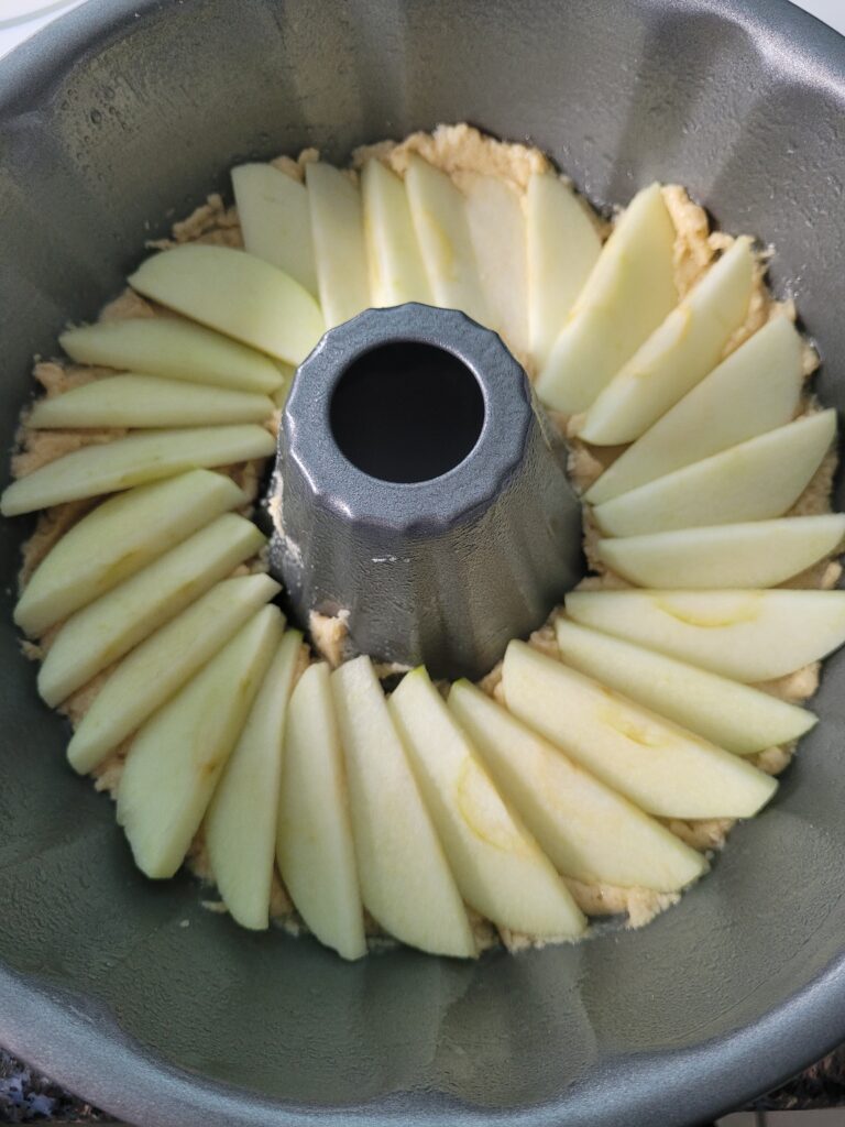Thinly sliced apples arranged in a spiral in a bundt pan