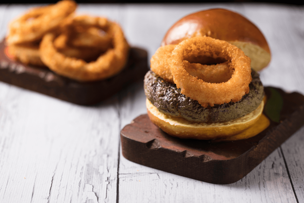 Onion rings on a burger